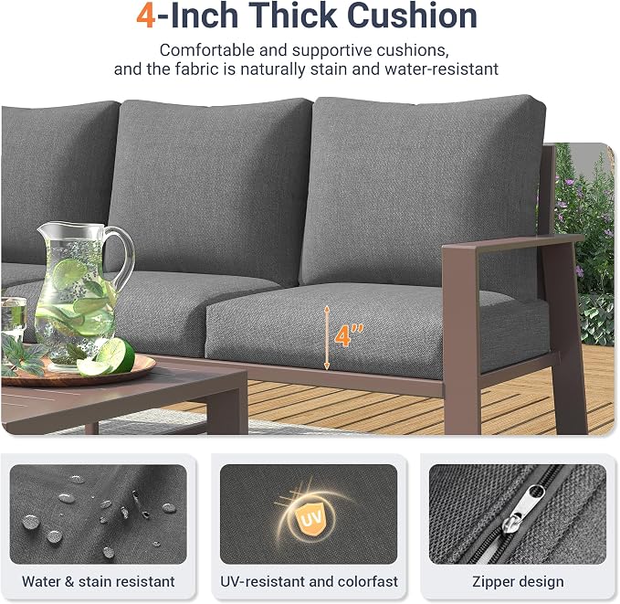 UDPATIO Aluminum Outdoor Patio Furniture Set 7-Seat Metal Patio Conversation Sets with Coffee Table and Water-Resistant Cushions, Modern Patio Sectional Sofa for Porch, Deck, Backyard, Poolside