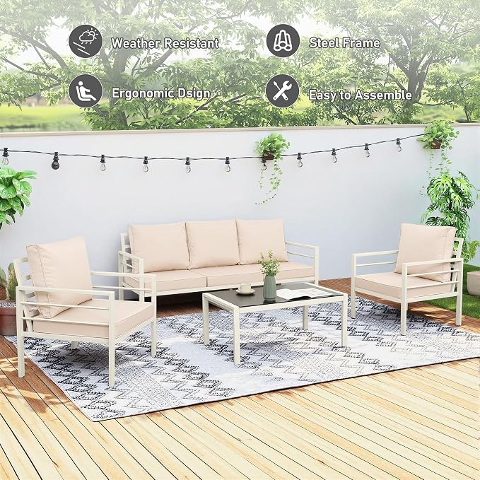 WAROOM Patio Furniture Set 4 Pieces Metal Outdoor Conversation Sets Backyard Chair Outside Couch with Coffee Table, Khaki Cushion