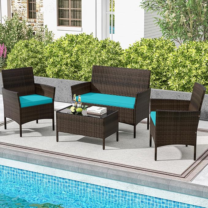 ORALNER 4 Pieces Patio Furniture Set, Rattan Chairs Loveseat with Soft Cushion and Glass Table, Outdoor Wicker Conversation Set for Balcony Garden Backyard Porch Poolside (Turquoise)