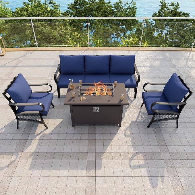 4-Piece Outdoor Furniture Set, Patio Conversation Set Include 3-Seater Sofa Couch Single Chairs with Fire Pit Table for Deck, Porch, Garden, Backyard, Poolside (Blue Cushions)