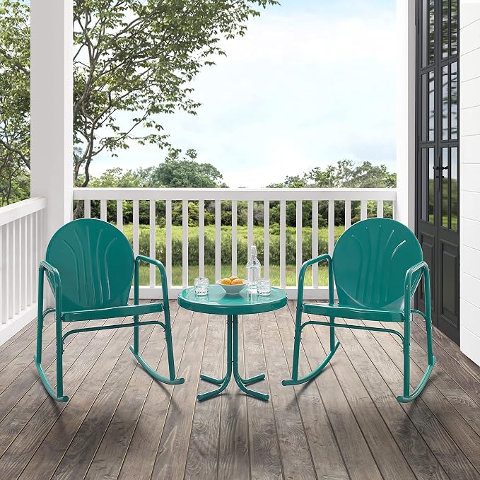 Crosley Furniture Griffith 3-Piece Outdoor Rocking Chair and Side Table Set, Retro Metal Bistro Patio Sets, Turquoise Gloss