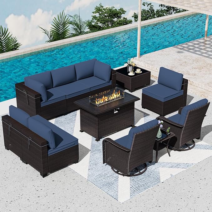 11 Pieces Patio Furniture Set with 2 Swivel Chairs Patio Furniture Outdoor Sectional Sofas with 55000 Gas Fire Pit Patio Conversation Set w/7 Cushions