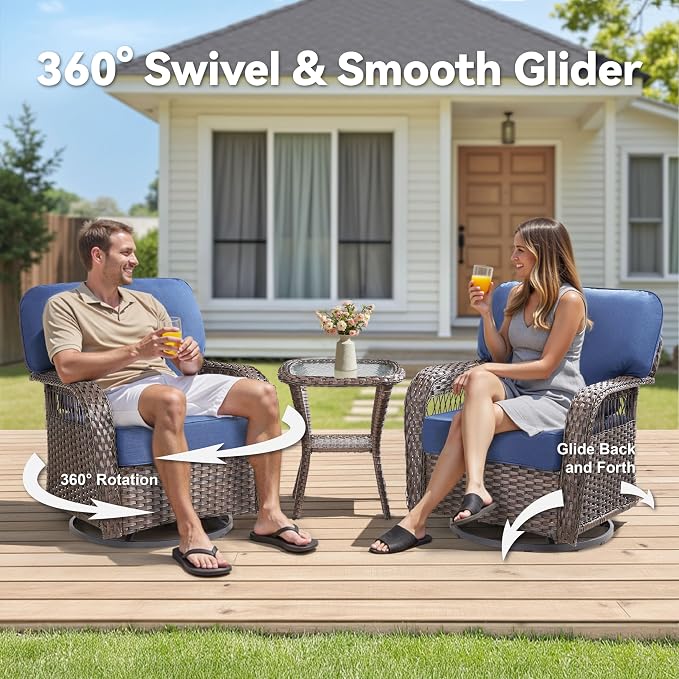 3 Pieces Patio Furniture Set with Swivel Chairs, All Weather Patio Wicker Chairs Swivel Rocker Rattan Side Table, High Back Outdoor Seating Furniture for Deck Porch Garden Yard, Blue