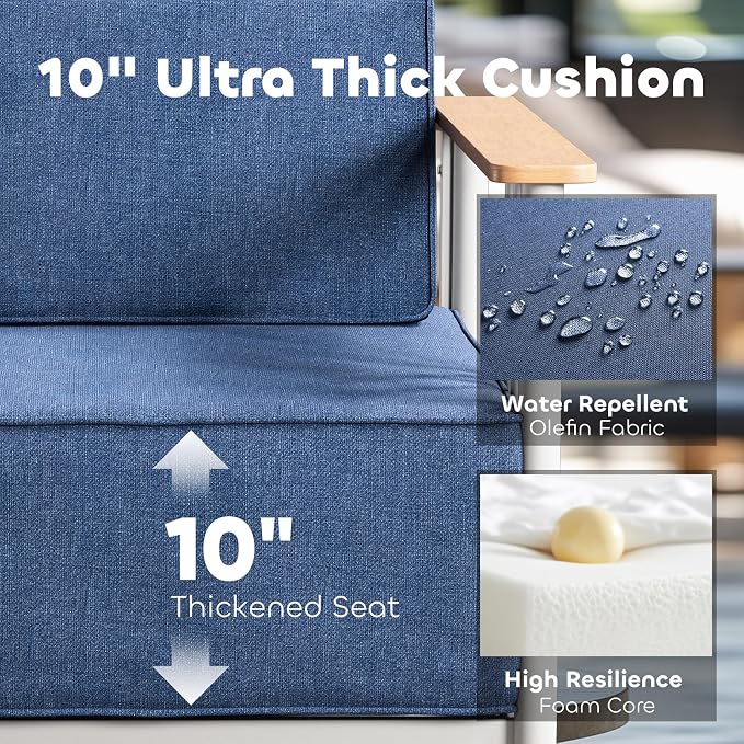 Luxury Patio Furniture Set with 10" Extra Thick Cushions, 4 PCS Outdoor Furniture Set with Patio Chairs & Couch & Coffee Table, Suitable for Porch, Balcony, Deck, Yard, Poolside, White/Blue