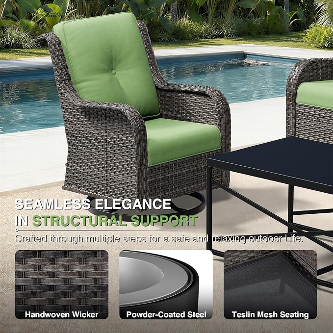 Joyside 7 Piece Wicker Patio Furniture Set, Outdoor Swivel Rocker Patio Chairs with High Back, Deep Seating, Wide Armrest, Thickened Cushions, Outdoor Furniture for Deck, Porch Use