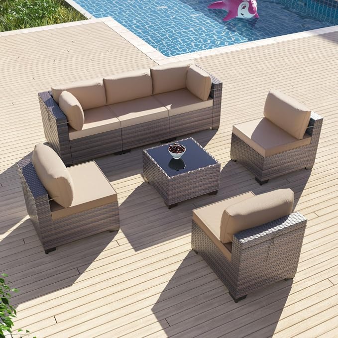 7 Pieces Outdoor Patio Furniture Sets,Wicker Conversation Set Sectional Sofa,Includes 6 All-Weather High Back PE Rattan Seating Components w/Thickened Cushions&Coffee Table,Sand