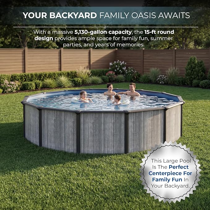 Blue Wave San Pedro 15-ft Round 52-in Deep Hard Sided Steel Frame Above Ground Pool with 6-in Steel Top Seats, 0.5 HP Sand Filter System, Ladder, Skimmer & Liner – 5,130-Gallon Capacity for Family Use