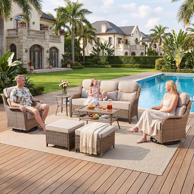 Luxury High Back Patio Furniture Set with 6-Inch Thick Cushions, 14-Pieces Outdoor Furniture with Swivel Chairs, Wicker Conversation Set for Porch, Balcony, Deck and Yard, Yellow/Beige