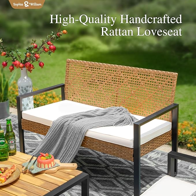 Sophia & William 4 Pieces Patio Conversation Set, Wicker Outdoor Furniture Set for 4, All Weather Outdoor Seating Set, Rattan Loveseat & Single Chairs with Cushions & Acacia Wood Coffee Table