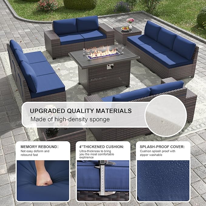 Kullavik 13 Pieces Outdoor Patio Furniture Set with 43" 55000BTU Gas Propane Fire Pit Table PE Wicker Rattan Sectional Sofa Patio Conversation Sets,Navy Blue