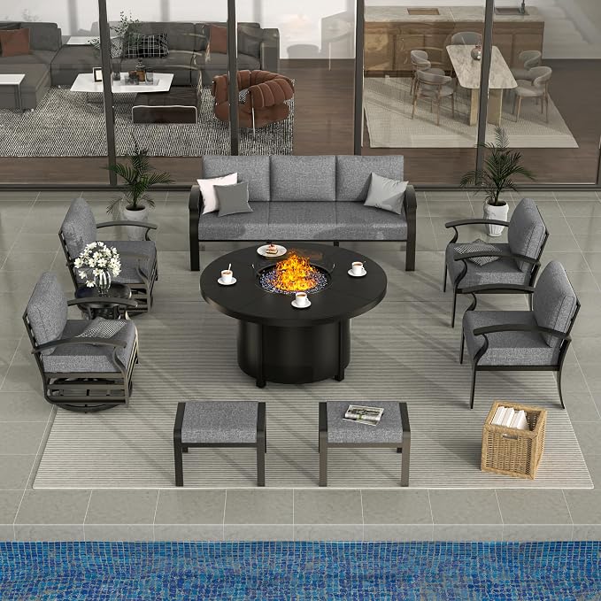 ALAULM Aluminum Patio Furniture Set with Coffee Table Rectangular, 5-seat Outdoor Sectional Furniture w/2 Swivel Chairs, Patio Conversation Set for Porch, Backyard, Poolside-Grey