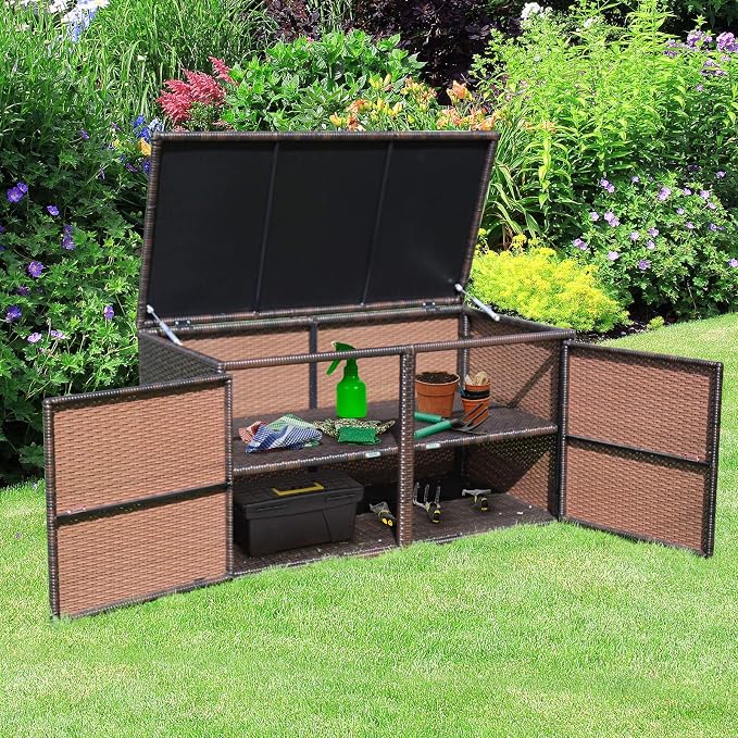Tangkula 73 Gallon Outdoor Wicker Storage Box, Garden Deck Bin with Steel Frame, Rattan Storage Box with Lid, Ideal for Storing Tools, Accessories