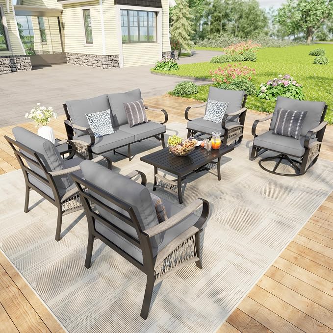 7 Pieces Patio Furniture Set, Metal Outdoor Conversation Sets with Swivel Chairs, Modern Couch Sofa Seating Group with Coffee Table and Side Table (Thick Gray Cushions)