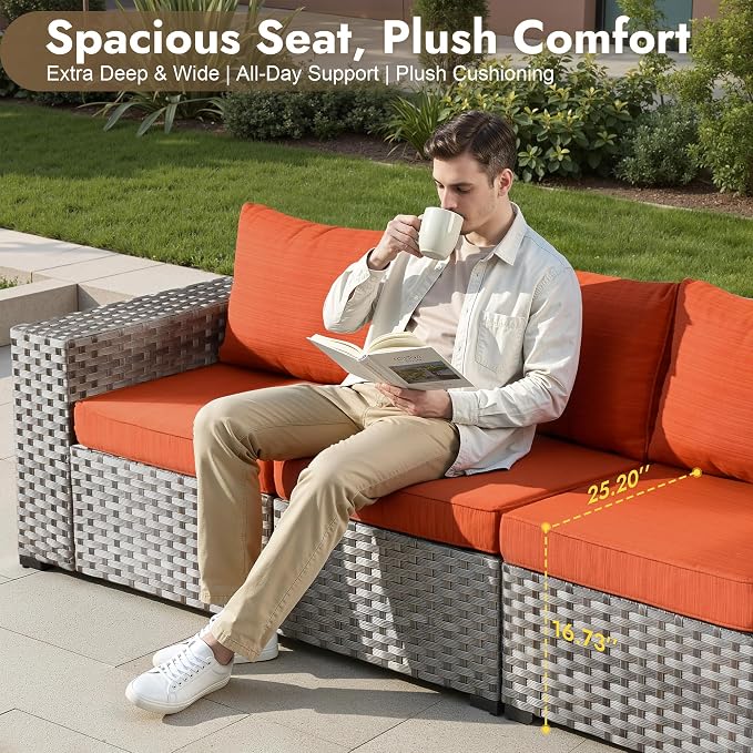 6 Pieces Patio Furniture Set, Wicker Outdoor Sectional Sofa with Coffee Table Comfy Cushions, Modern Modular Deep Seat Rattan Couch Conversation Set for Backyard Porch Yard,Orange