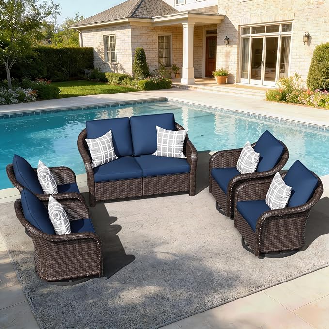 5 PCS Outdoor Conversation Set | 55" Couch, 4 Swivel Chairs, Patio Wicker Conversation Furniture with Removable Cushions for Bistro, Deck, Sunroom (Navy Blue)