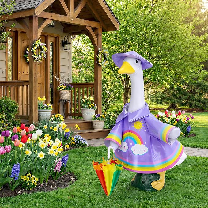 DECOHS 3 Pcs/Set Raincoat Porch Goose Outfits, Summer Lawn Goose Statue Raincoat Costume, Yard Goose Clothes Raincoats Umbrella Hat Outfit for 23" Statue Patio Garden Decoration (Purple Rainbow)