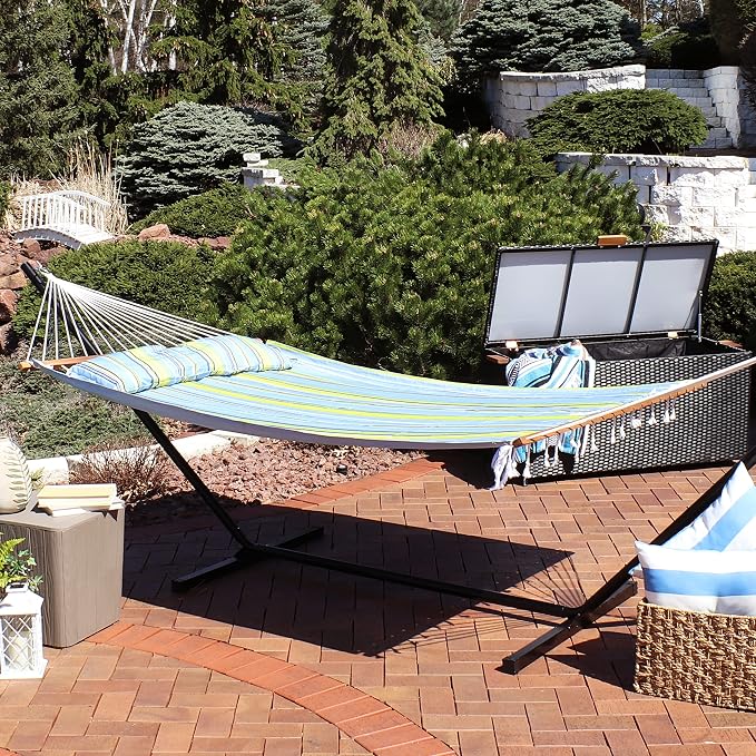 Sunnydaze Quilted Double Hammock for Outside with Spreader Bars and Pillow - 450 lb Capacity, 74x55 Inch Bed, UV Resistant, Quick Dry - Chains Included, Stand Sold Separately - Blue & Green