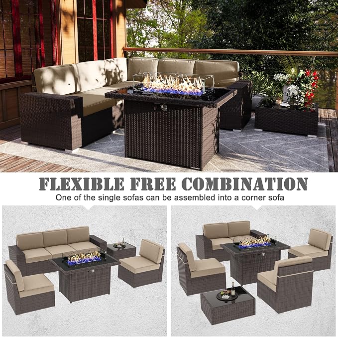 7 Pieces Patio Furniture Set with 44" Propane Gas Fire Pit Table, Outdoor Sectional Brown Rattan Wicker Conversation Sofa Sets with Coffee Table