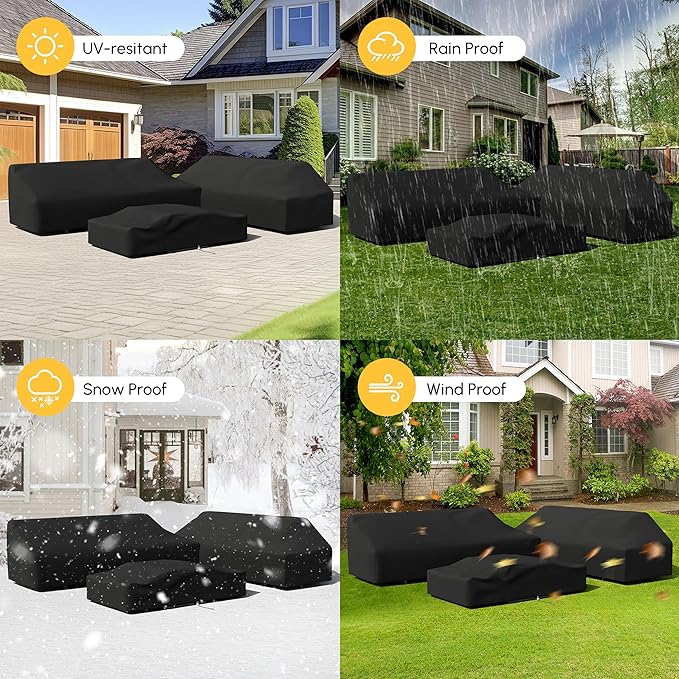 homary 4-Piece Modular Outdoor Sofa Set, Aluminum & Teak Patio Conversation Set with 600D Waterproof Covers, Adjustable Backrests, Fade-Resistant Cushions for Patio, Balcony, Deck
