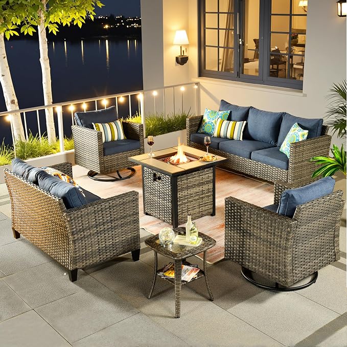 ovios 6 Pieces Patio Furniture Set with Square Fire Pit Table, Swivel Rocking Chairs, Loveseat, Outdoor High Back Wicker Rattan Conversation Set for Deck Porch, Denim Blue