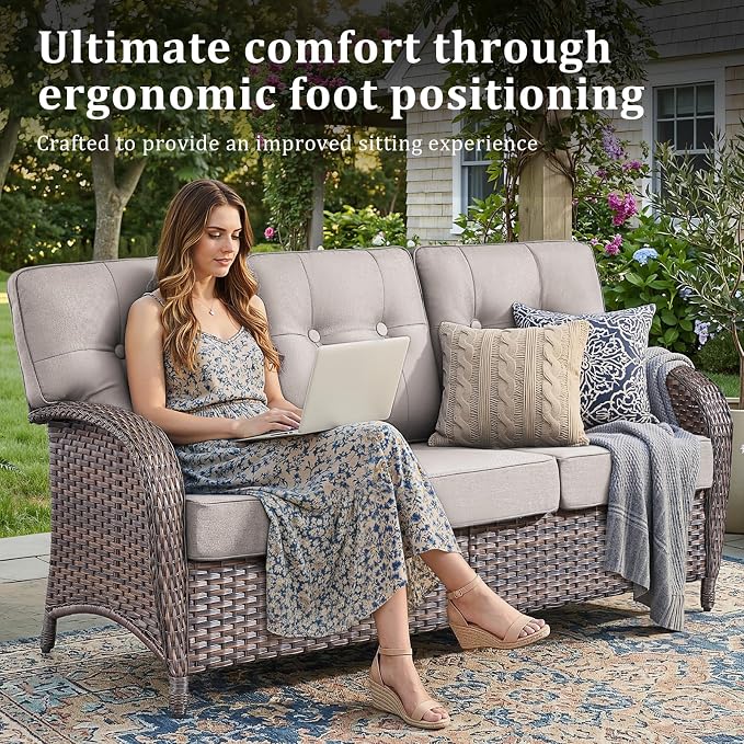 3-Piece Wicker Patio Furniture Set with 5-Inch Thick Cushions Outdoor Hand-Woven Rattan Sofa and Ottomans Set Weather Resistant Conversation Couch for Backyard Porch Garden Brown/Beige