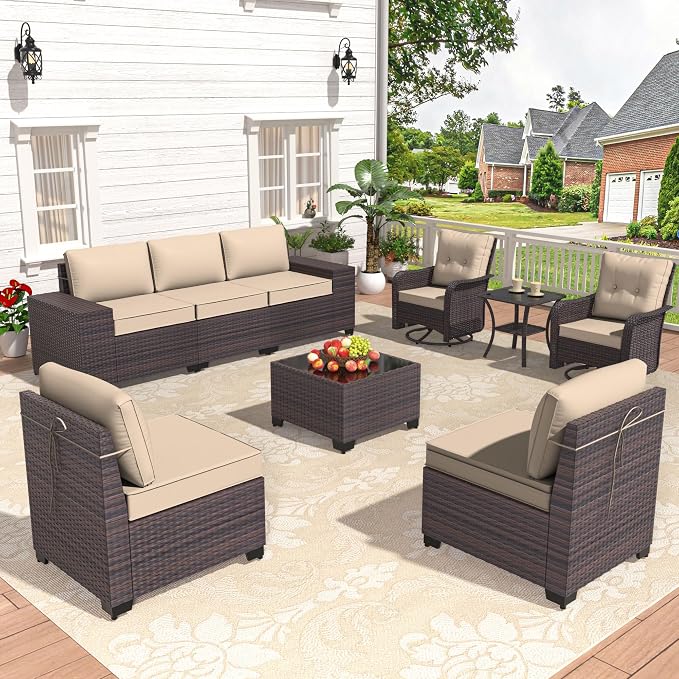 Patio Furniture Set 9 Pieces Outdoor Swivel Rocking Chairs Sofa Set,PE Rattan Wicker Patio Conversation Set with Thickened Cushions and Glass Coffee Table,Sand
