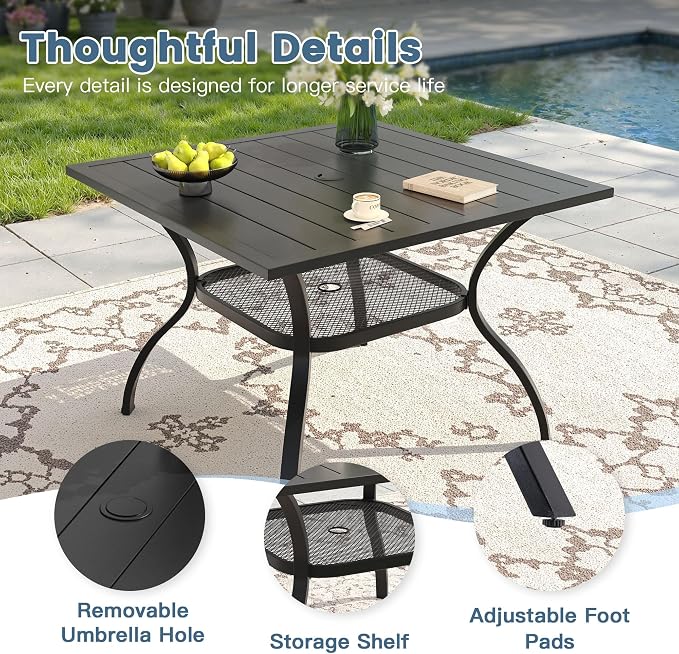 DIFY 5 Pieces Outdoor Dining Table Chair Set, Patio Dining Set with 1 Black Square Curved Legs Table with and Umbrella Hole & 4 Brown Stackable with Armrests Chairs for Lawn, Garden, Porch
