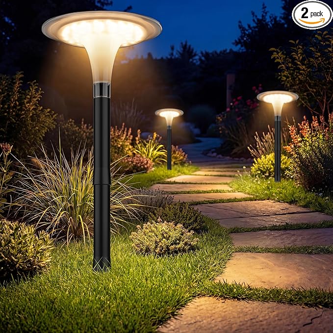 JOFIOS Solar Pathway Lights 2 Pack, 3 Color Modes, 200LM 58 LEDs Bright Landscape Lighting, 2000mAh Battery 10H+ Runtime, IP65 Waterproof Modern Walkway Lights for Garden Yard Driveway