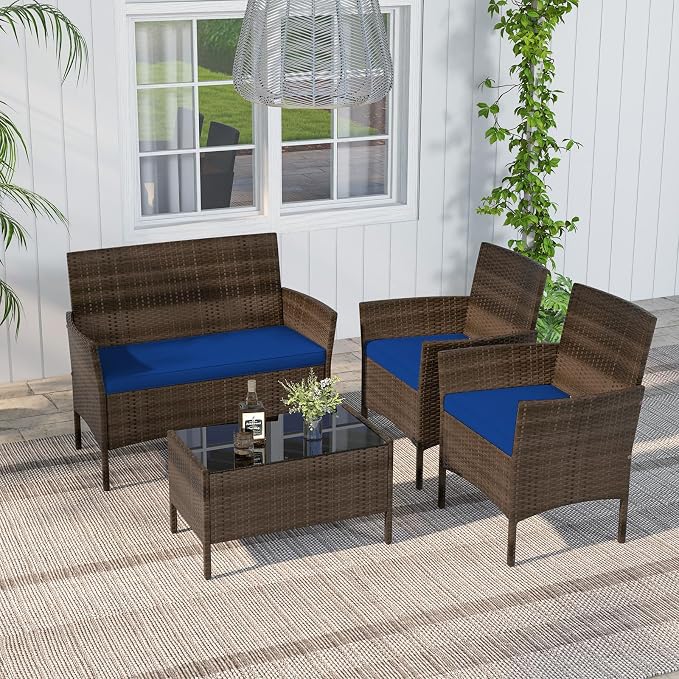 ORALNER 4 Pieces Patio Furniture Set, Rattan Chairs Loveseat with Soft Cushion and Glass Table, Outdoor Wicker Conversation Set for Balcony Garden Backyard Porch Poolside (Navy)