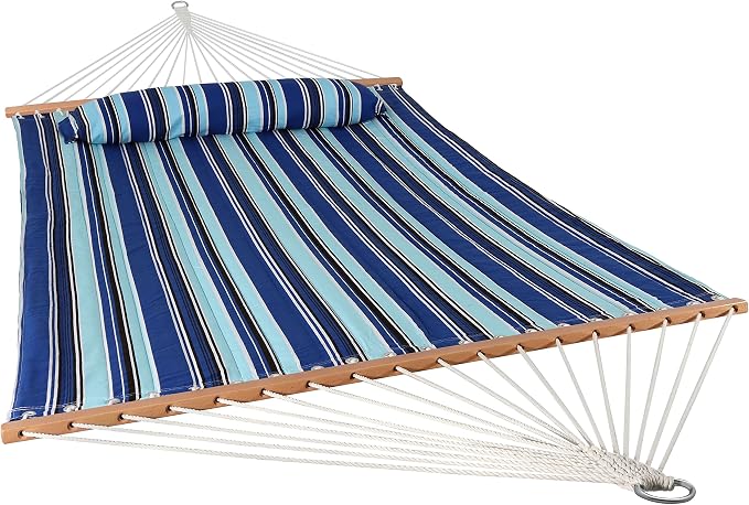 Sunnydaze Set of 2 Outdoor Quilted Fabric Hammocks - 2-Person Hammock with Spreader Bars - Catalina Beach and Blue/Green