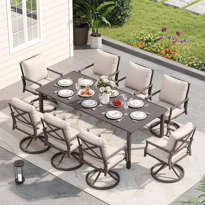HAPPATIO Patio Dining Set, Metal Outdoor Table and Chairs Set for 8, Powder-Coated Swivel Rocking Chairs with Thick Cushions, 80" Rectangular Table with 1.9" Umbrella Hole for Deck Backyard Lawn
