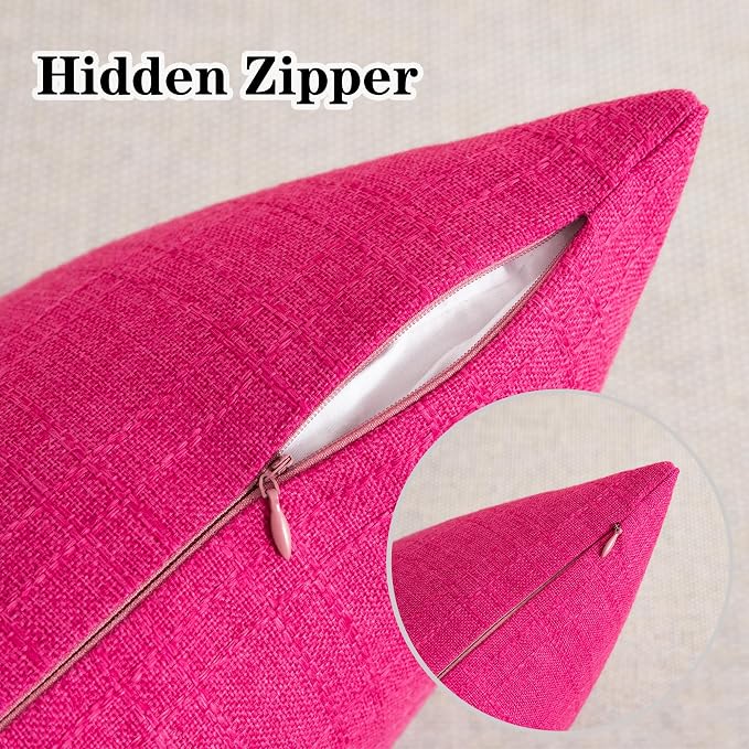 Kevin Textile Outdoor Waterproof 14”x24” Pillow Covers 2 Pack, Hot Pink | Water Resistant, Soft Faux Linen-cotton Yarn-dyed Woven Texture Throw Pillow Covers for Tent Patio Garden Couch Sofa