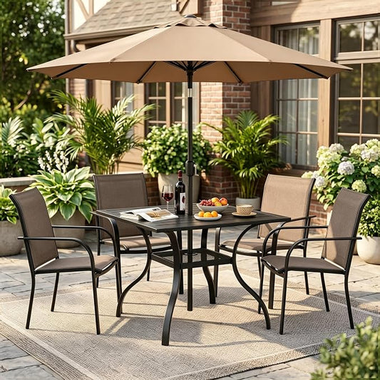 Crownland 5 Piece Patio Dining Set, Textilene Dining Sets, 4 Textilene Metal Chairs and Square Outdoor Dining Table with Khaki 9FT Round Outdoor Umbrella (Brown)
