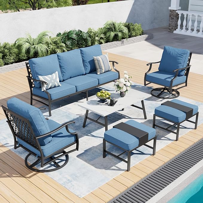 SUNSHINE VALLEY 6 Piece Metal Outdoor Patio Furniture Set, Patio Conversation Sets 1 3-seater Sofa, 2 Swivel Chair, 2 Ottomans with 5.75" Thick Cushion and Coffee Table, Black Backyard Furniture, Navy