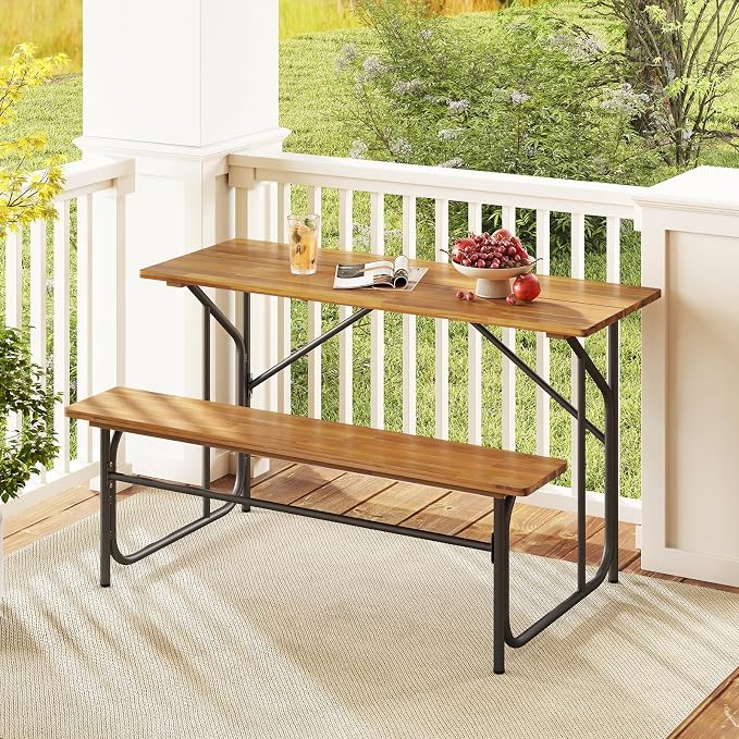 Tangkula Patio Dining Bench Set for 4, Heavy-Duty Outdoor Acacia Wood Dining Furniture with Metal Legs for Balcony, Backyard, Poolside, Garden (2,52” x 32” x 29.5”)