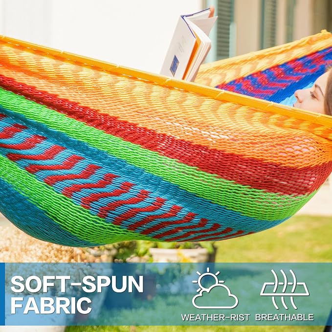 PNAEUT Double Hammocks with Stand for Outside, Portable Space Saving Heavy-Duty Steel Stand for Indoor Outdoor Patio (Mayan Rainbow)