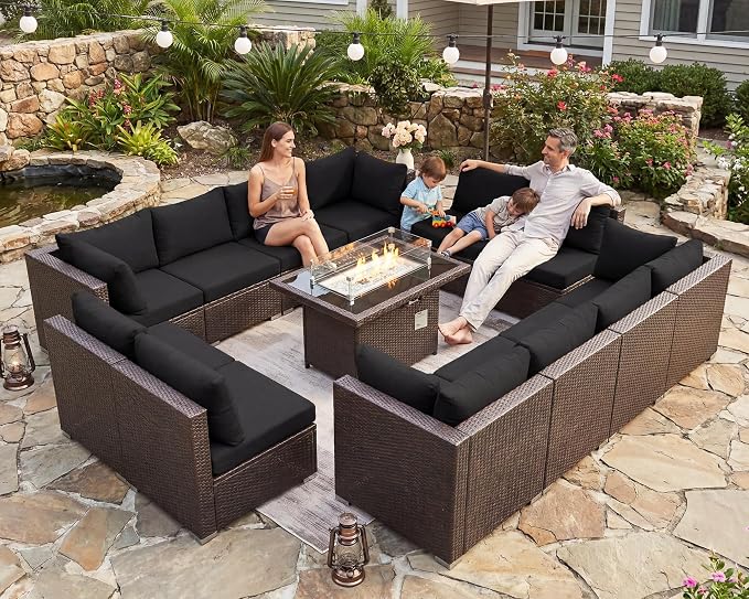 BULEXYARD 13 Piece High Back Wicker Patio Furniture Sets with Fire Pit, Elegant Oversized Outdoor Seating Set Modular, Comfy Extra Deep Wide 12-Person Sectional Couch Sofa for Backyard, Brown & Black