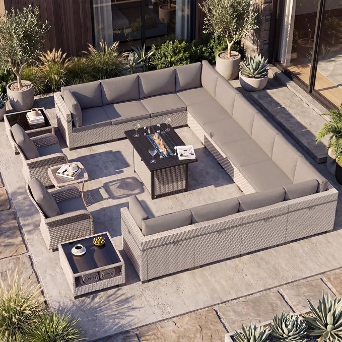 Patio Furniture Set, 18-Piece Outdoor Sectional Sofa with Swivel Rocker Chairs & Fire Pit Table, Wicker Patio Conversation Set with Coffee Table, Gray Cushions