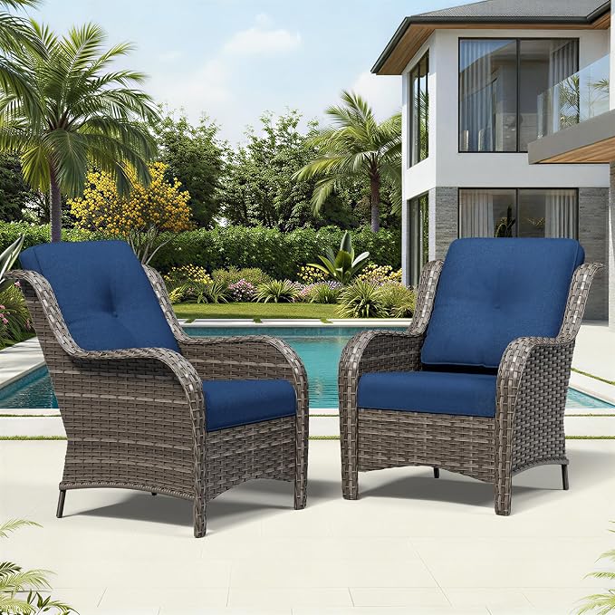 Joyside Patio Chairs Set of 2, Wicker Patio Furniture with High Back, Deep Seating, Wide Armrest, Thickened Cushions, Outdoor Rattan Furniture for Deck, Porch Use