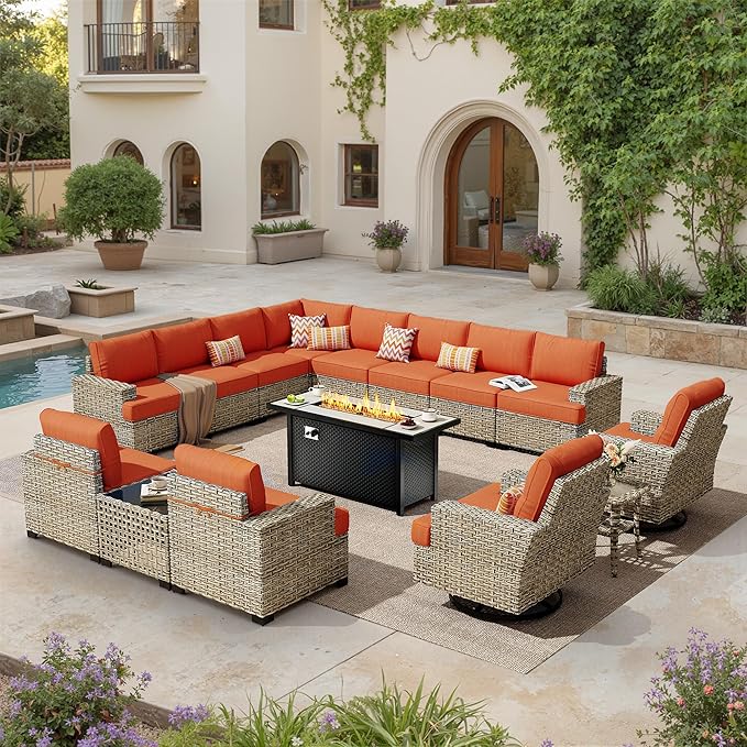 HOOOWOOO Sectional Patio Furniture Set with Fire Pit Table,15 Pieces Wicker Outdoor Furniture L Shaped Couch,Outside Conversation Set Extra Deep Seat Sofa Wide Arm Swivel Chairs Solar Light,Brick Red