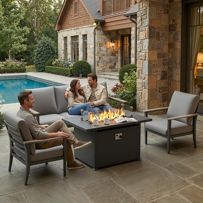 Aluminum Outdoor Patio Furniture Set, 4-Piece Outdoor Sofa with 5.1" Thick Cushions, 55,000 BTU Propane Fire Pit Table, Outdoor Couch for Balcony, Porch, Gray