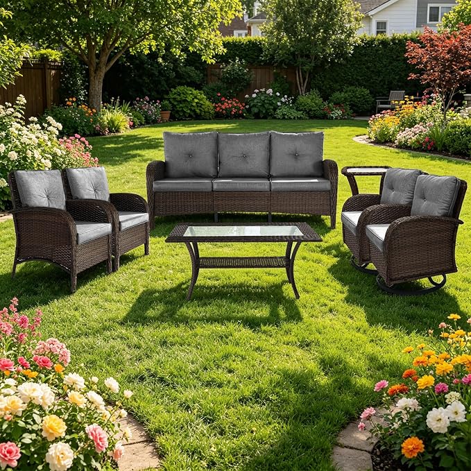 Outdoor Swivel Rocker Patio Chairs (Brown Wicker/Grey Cushion, 7PC/Sofa & Swivel & Chair &2 Table)