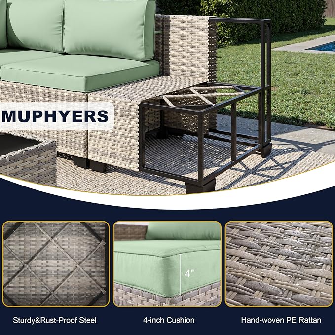 8-Piece Outdoor Patio Furniture Set with 55,000 BTU Fire Pit Table, PE Wicker Rattan Sectional Sofa Conversation Set - All-Weather Garden, Backyard Furniture, Light Green