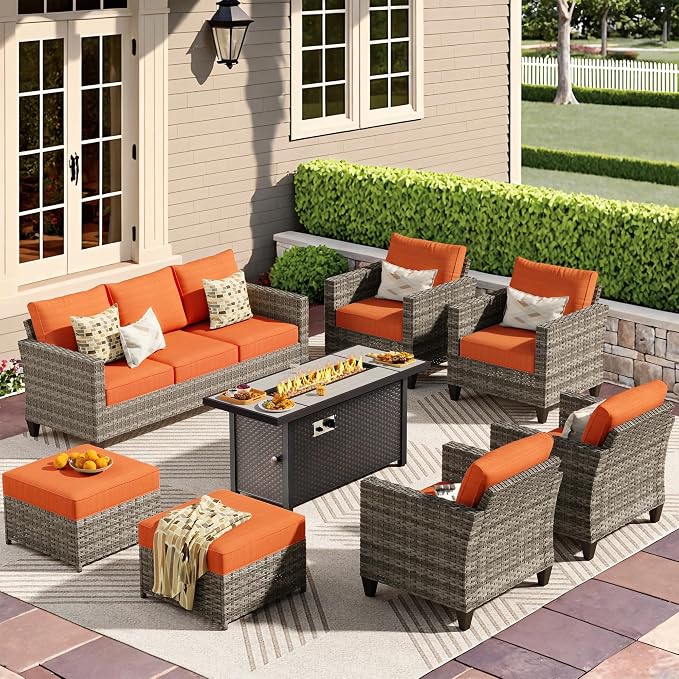 CAODOC 8-Piece Outdoor Wicker Patio Set with 9 Seats, Including 53" Fire Pit - Sectional Sofa and Conversation Set for Backyard or Lawn, Gray Rattan with Waterproof Red Cushions