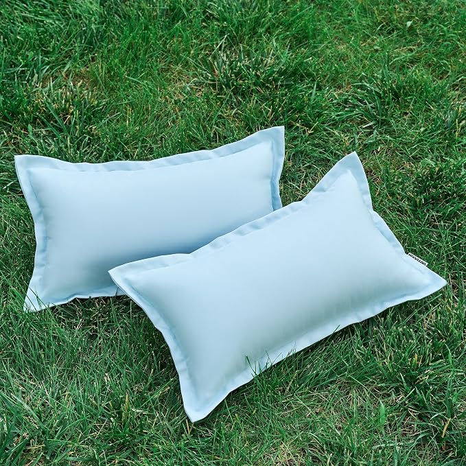 LIGICKY Light Blue Outdoor Lumbar Pillows Waterproof Pillow Covers 12x20 Inch Pack of 2 Decorative Rectangle Solid Color Pillows with Wide Edge Cushion Cover for Patio Tent Garden Couch Balcony