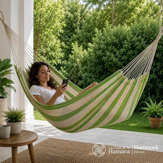 Hammock for 1-2 Person, 475 lbs Capacity – Handwoven Mexican Hammock, 100% Soft Cotton – 9.8 ft Mayan Hammock for Patio, Backyard, Indoor & Camping – Medium, Light Green