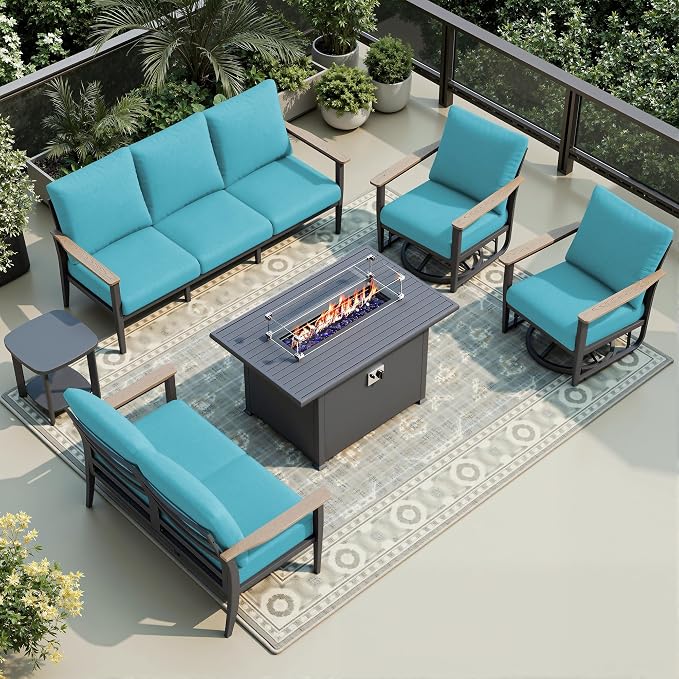 Aluminum Outdoor Patio Furniture Set with Swivel Rocking Chairs 7-Seat, Patio Sectional Sofa Patio Conversation Set with 55,000 BTU Fire Pit Table High Backrest & Thickened Cushions, Turquoise