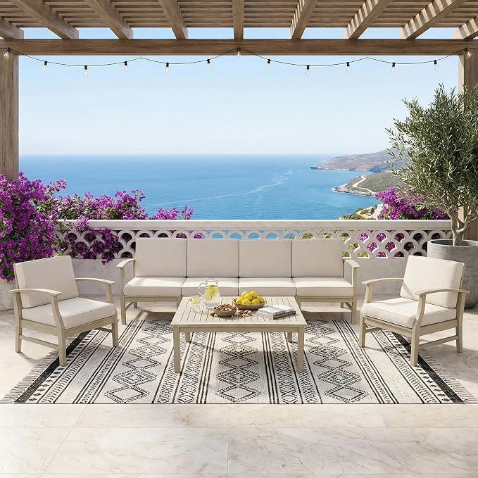Christopher Knight Home Lila Acacia Wood Outdoor Patio Furniture Set for 6, Patio Conversation Set with 4-Seater Sofa + 2 Club Chairs and Coffee Table, Patio Sofa Set with Cushions, Light White+Sand