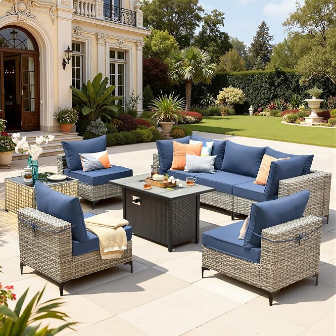 8 Pieces Patio Furniture Set with 42" Fire Pit, All-Weather Rattan Outdoor Sectional Conversation Sets L Shaped Sofas with Solar Light Coffee Table for Porch Balcony Backyard Denim Blue