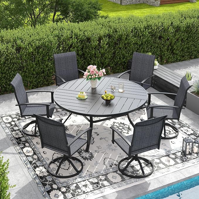 DIFY 7 Pieces Outdoor Dining Set, Metal Patio Table and Chairs Set for 6 with Umbrella Hole, 53.1" Black Round Table and Dark Grey Textilene Swivel Patio Chairs for Garden, Backyard, Poolside